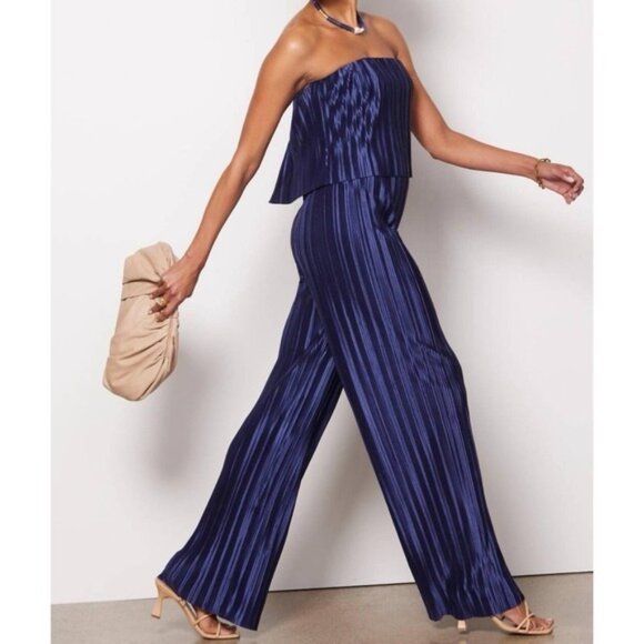 AMANDA UPRICHARD Collina Crinkle Jumpsuit Navy Size XS Pleated Strapless - Picture 1 of 14